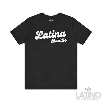 Heather Black Latina Baddie T-shirt with bold script design. Latino In Da House