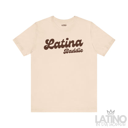 Soft cream T-shirt with brown “Latina Baddie” script text. Latino In Da House 
