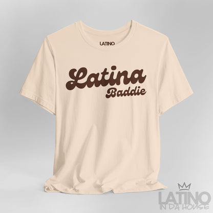 Close-up of soft cream “Latina Baddie” T-shirt design. Latino In Da House 