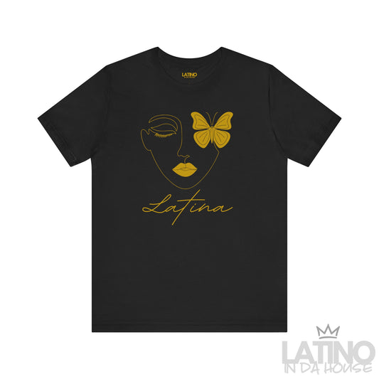 Black T-shirt with Latina butterfly face line art design in gold – Latino In Da House