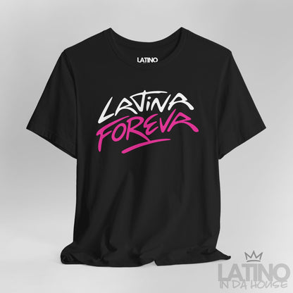 Close-up of Latina Foreva T-Shirt in black with graffiti-style pink and white lettering. Latino In Da House 