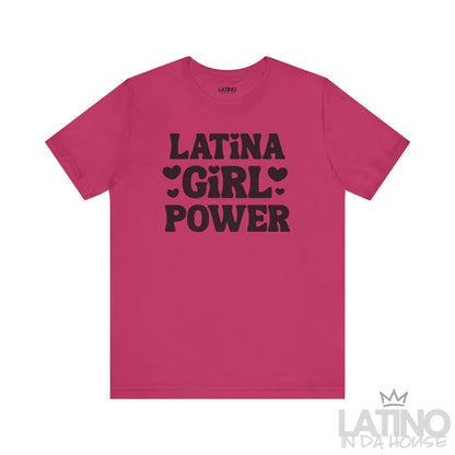Hot Pink Berry T-shirt with bold black text “Latina Girl Power” surrounded by heart icons. Latino In Da House 
