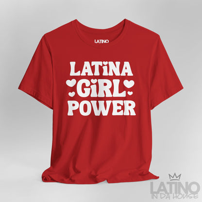 Close-up of red T-shirt with white “Latina Girl Power” text and heart accents. Latino In Da House 