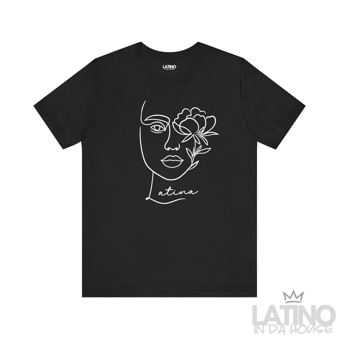 Black Latina T-shirt with elegant line art face and flower graphic. Latino In Da House 
