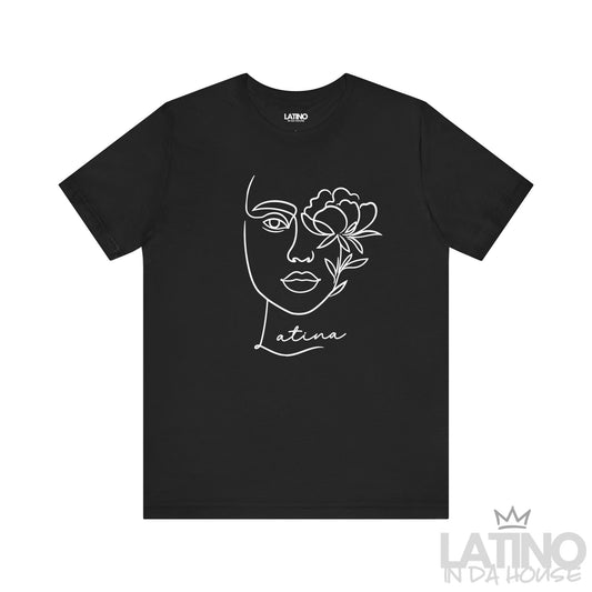 Black Latina T-shirt with elegant line art face and flower graphic. Latino In Da House 