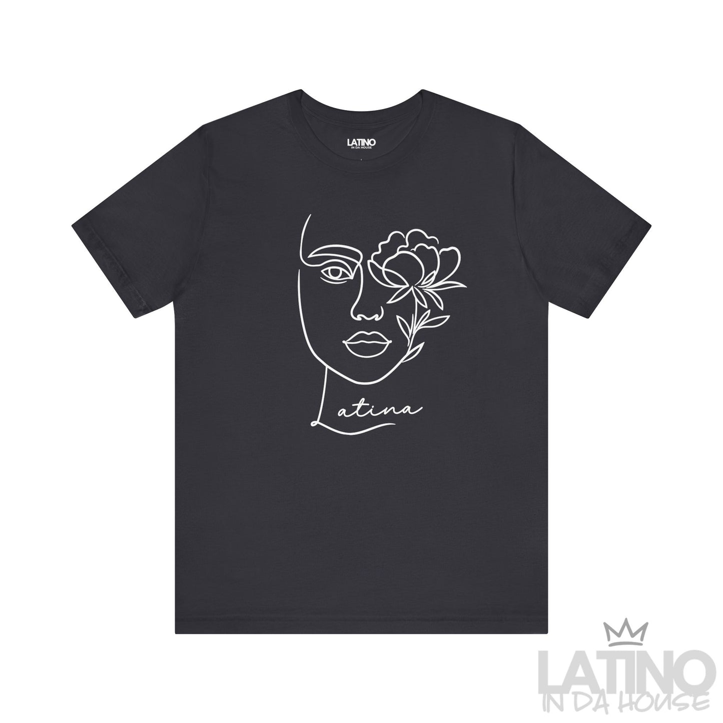 Dark grey Latina T-shirt with floral line art face illustration. Latino In Da House 