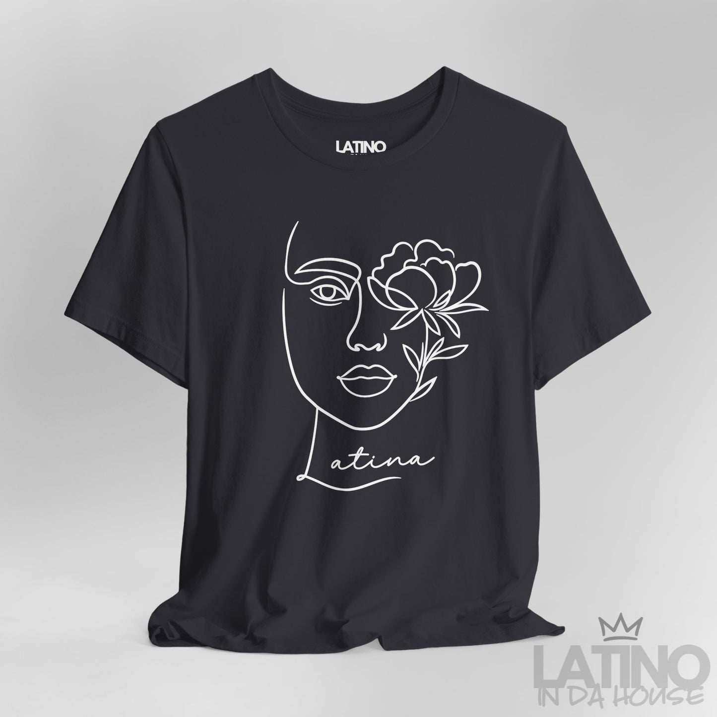 Close-up of Latina T-shirt with minimalist face and flower line art in Dark Grey. Latino In Da House 