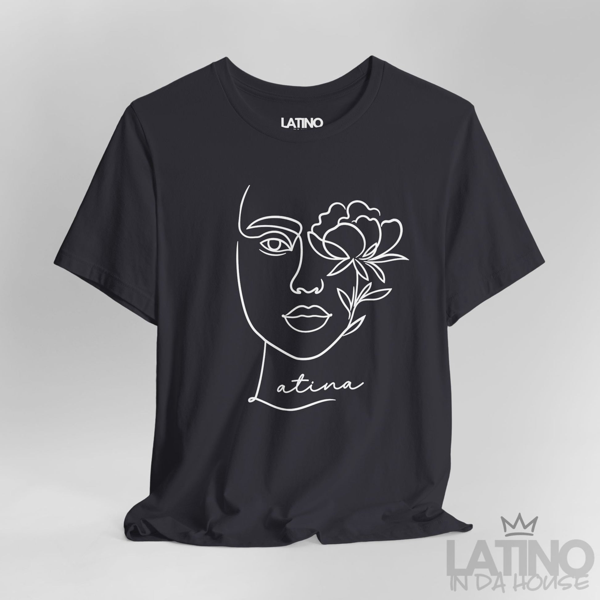 Close-up of Latina T-shirt with minimalist face and flower line art in Dark Grey. Latino In Da House 