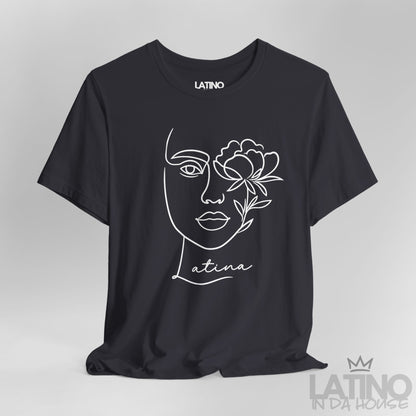 Close-up of Latina T-shirt with minimalist face and flower line art in Dark Grey. Latino In Da House 