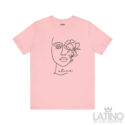Pink Latina T-shirt with minimalist line art face and floral design. Latino In Da House 