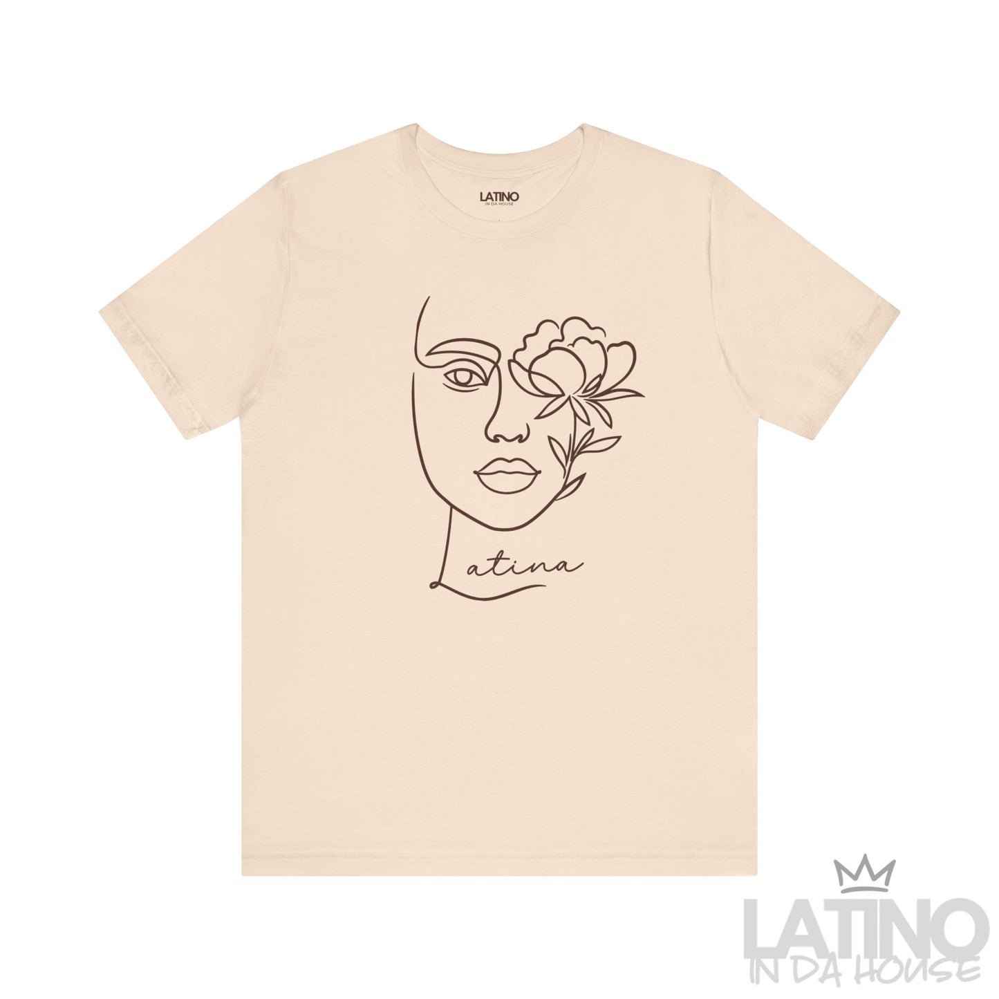 Soft cream Latina T-shirt featuring abstract face with flower line art. Latino In Da House 