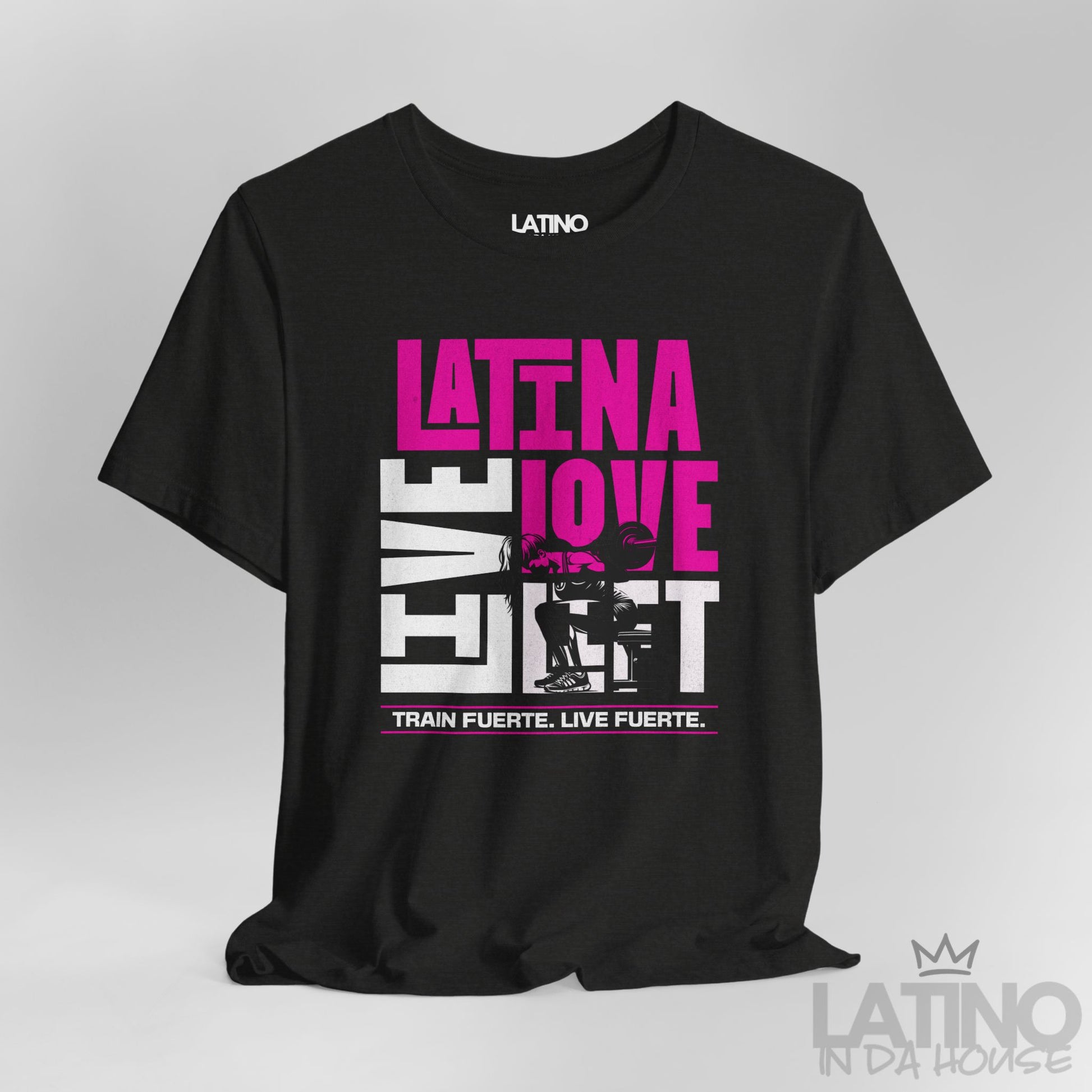 Close-up of Latina Love Lift Gym T-shirt in black heather with pink Latina Love Lift design and detailed weightlifter graphic.  Latino In Da House 