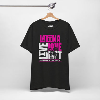 Hanged-up of Latina Love Lift Gym T-shirt in black heather with pink Latina Love Lift design and detailed weightlifter graphic.
Latino In Da House