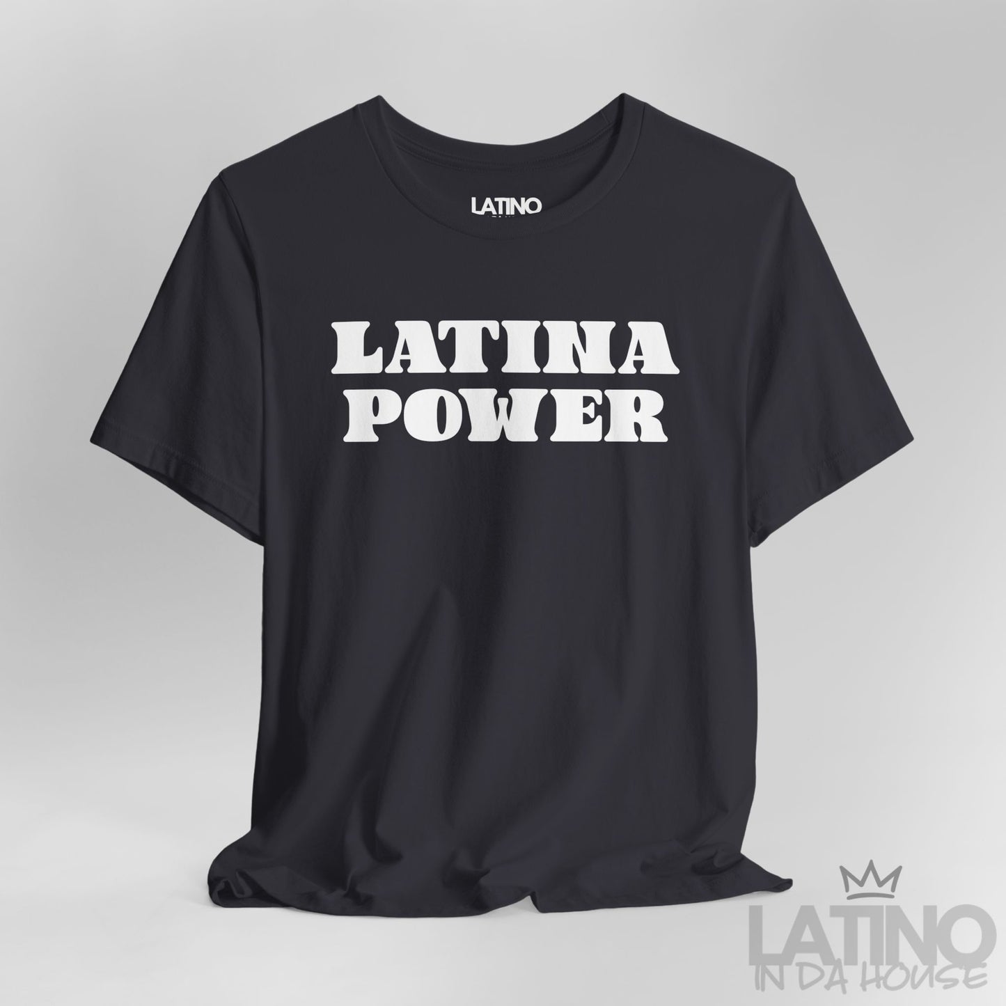 Close-up of Latina Power Retro T-Shirt design in dark grey. Latino In Da House 