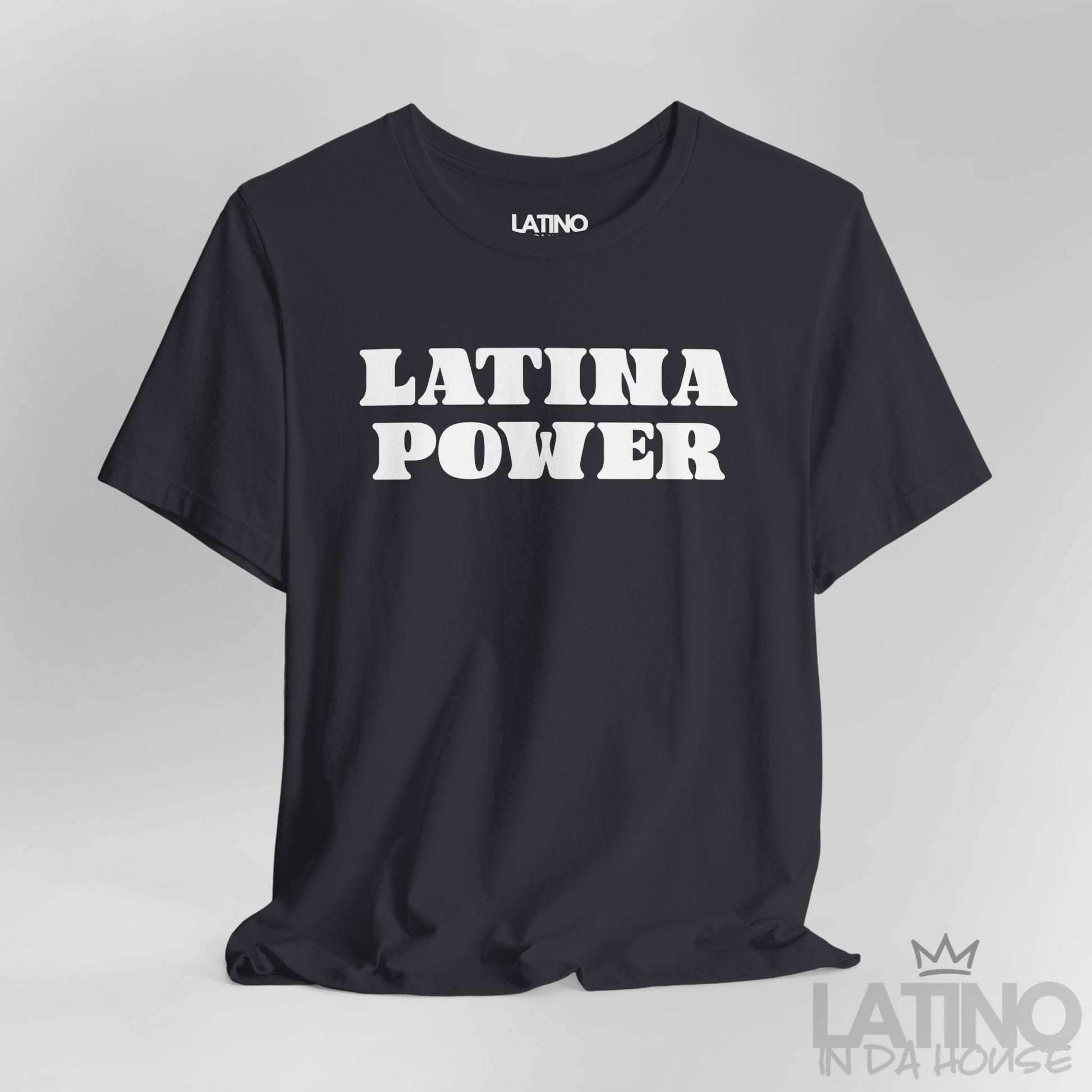 Close-up of Latina Power Retro T-Shirt design in dark grey. Latino In Da House 