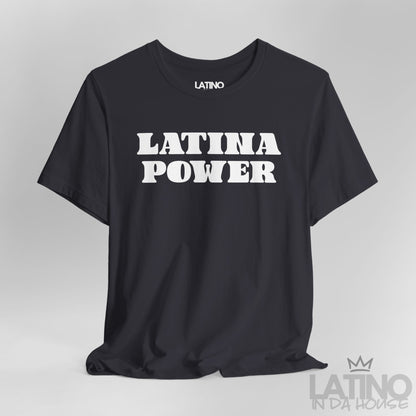 Close-up of Latina Power Retro T-Shirt design in dark grey. Latino In Da House 
