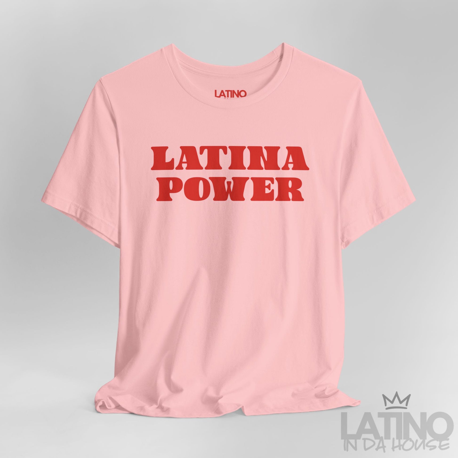 Close-up of Latina Power Retro T-Shirt design in pink. Latino In Da House 