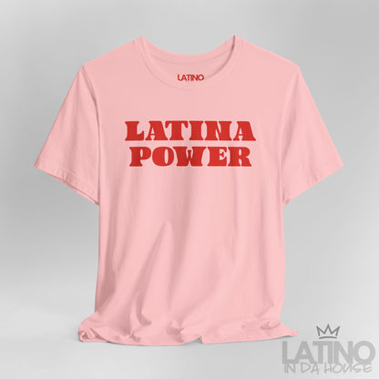 Close-up of Latina Power Retro T-Shirt design in pink. Latino In Da House 