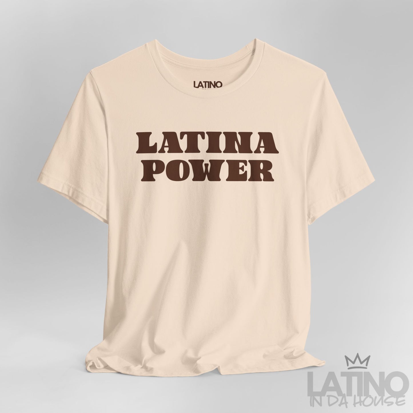 Close-up of Latina Power Retro T-Shirt design in soft cream. Latino In Da House 