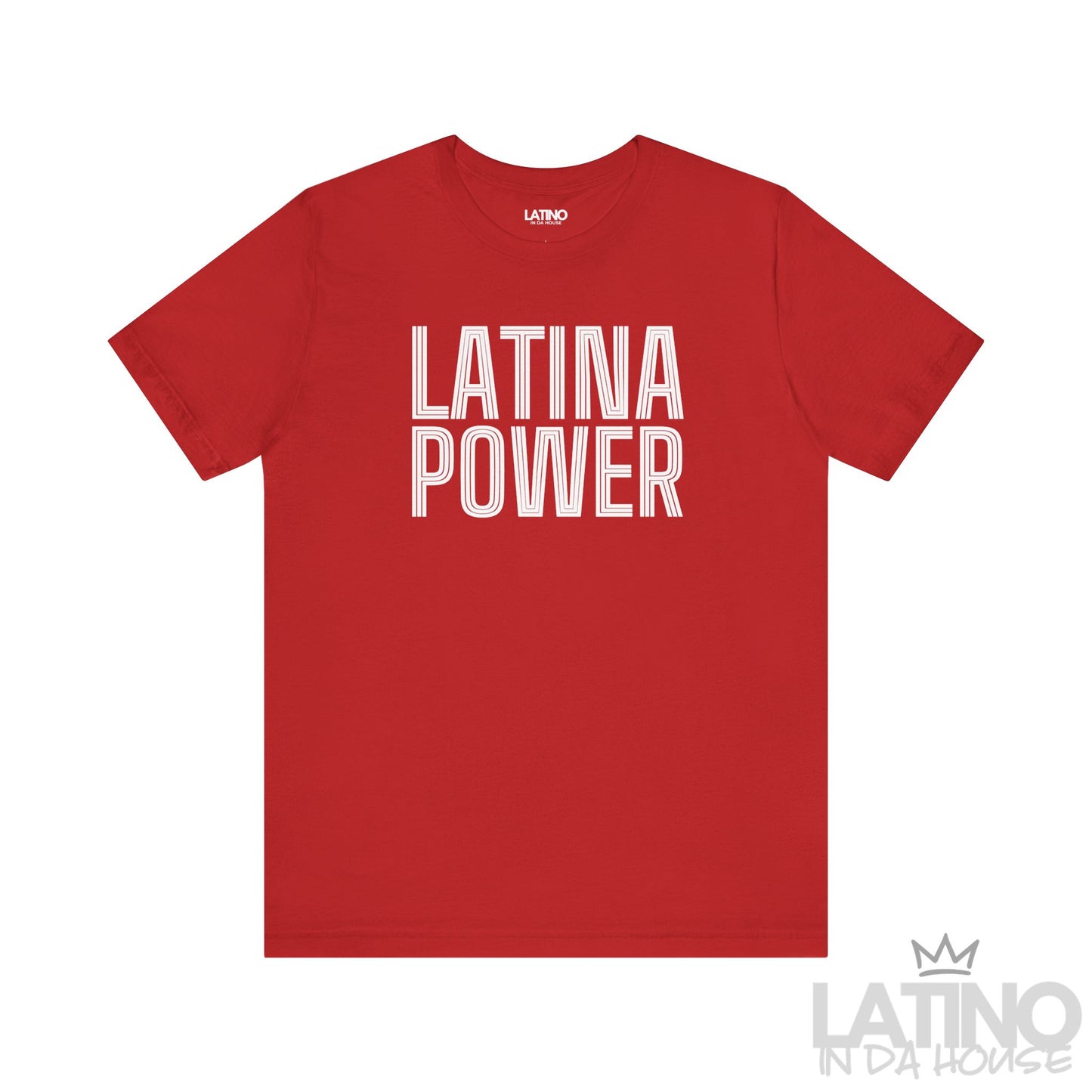 Red Latina Power T-shirt with bold retro outlined text. Latino In Da House 