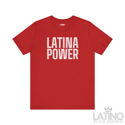 Red Latina Power T-shirt with bold retro outlined text. Latino In Da House 