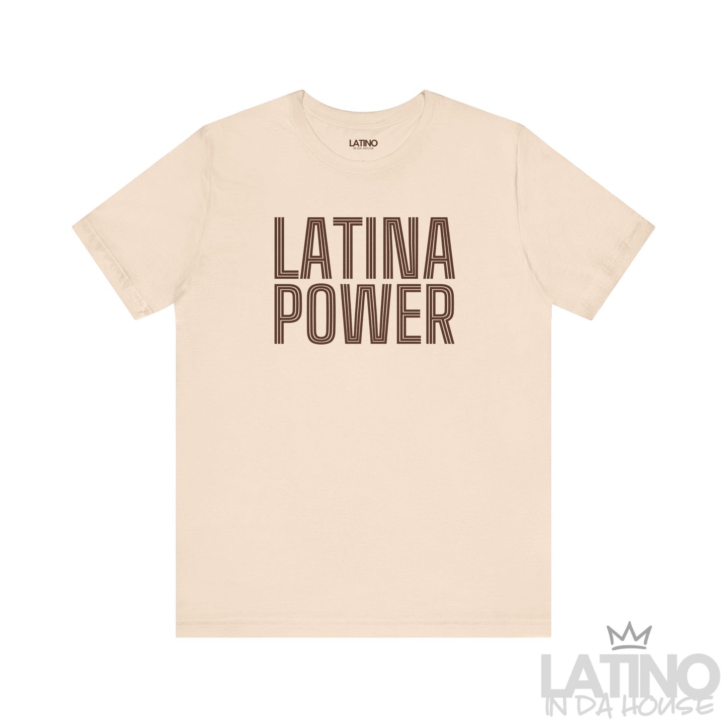 Soft cream Latina Power T-shirt with bold retro outlined text. Latino In Da House 