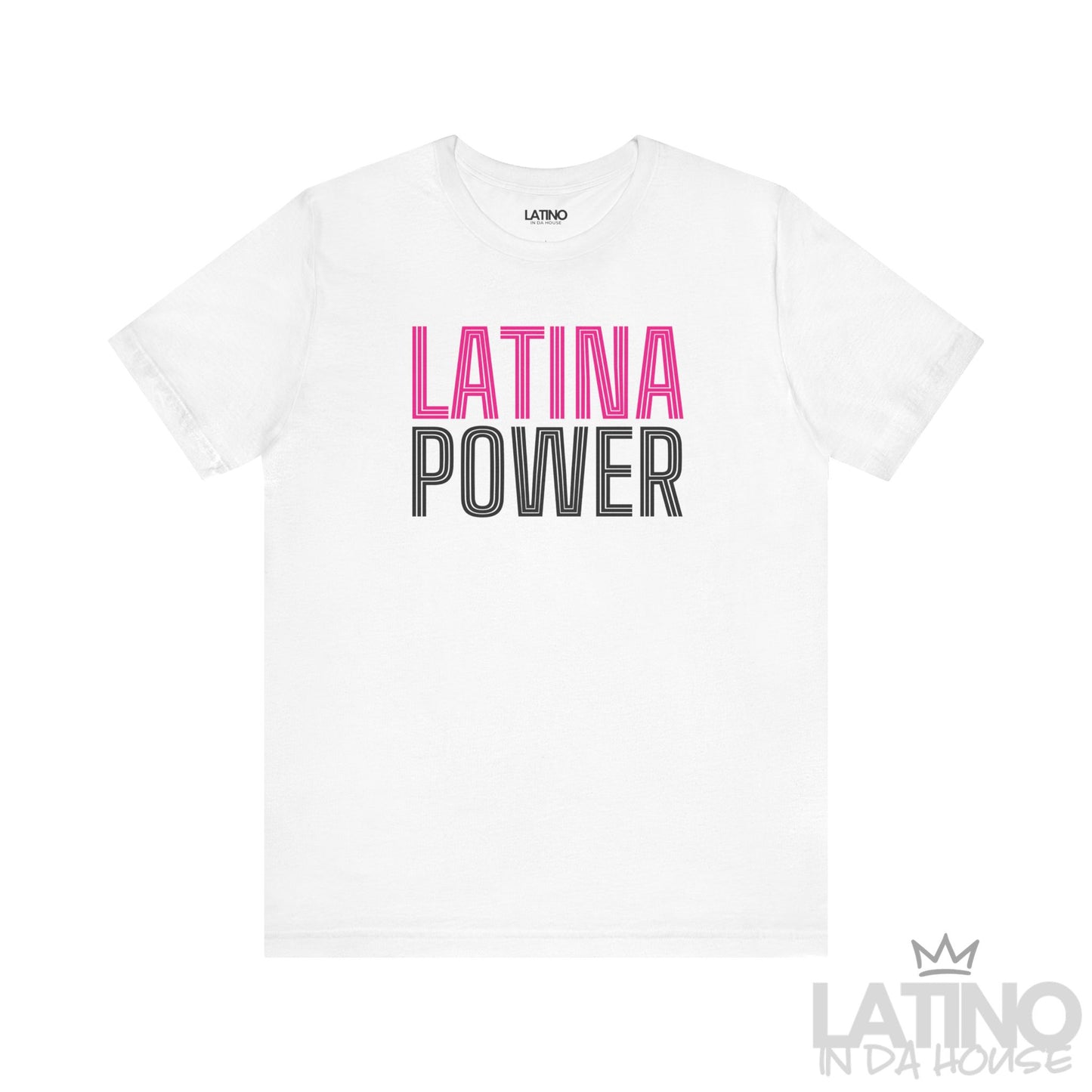 White Latina Power T-shirt with bold retro  and pink/black outlined text.