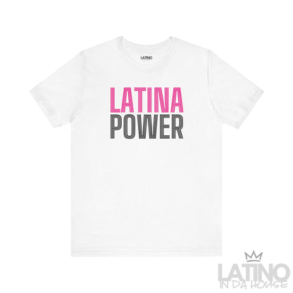 White Latina Power T-shirt with bold retro  and pink/black outlined text.