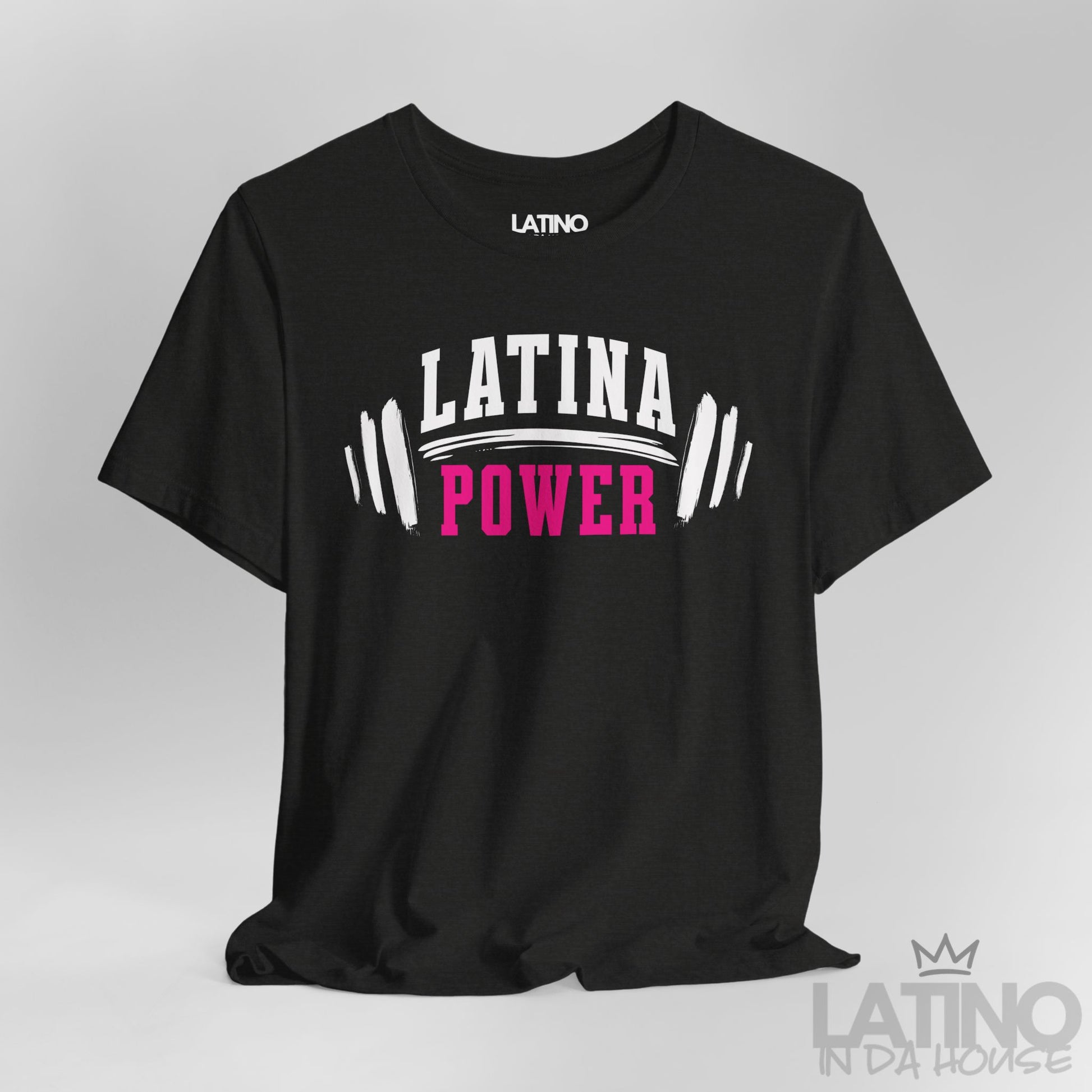 Close Up Black Heather Tee with “Latina Power” barbell design. Latino In Da House 