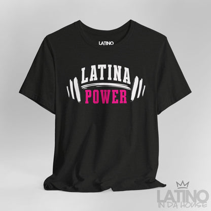 Close Up Black Heather Tee with “Latina Power” barbell design. Latino In Da House 