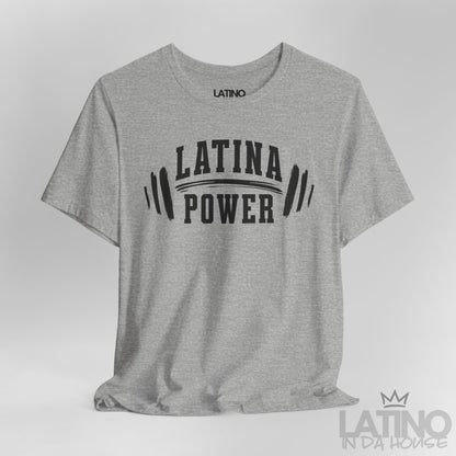 Close Up Grey Heather Tee with “Latina Power” barbell design. Latino In Da House 