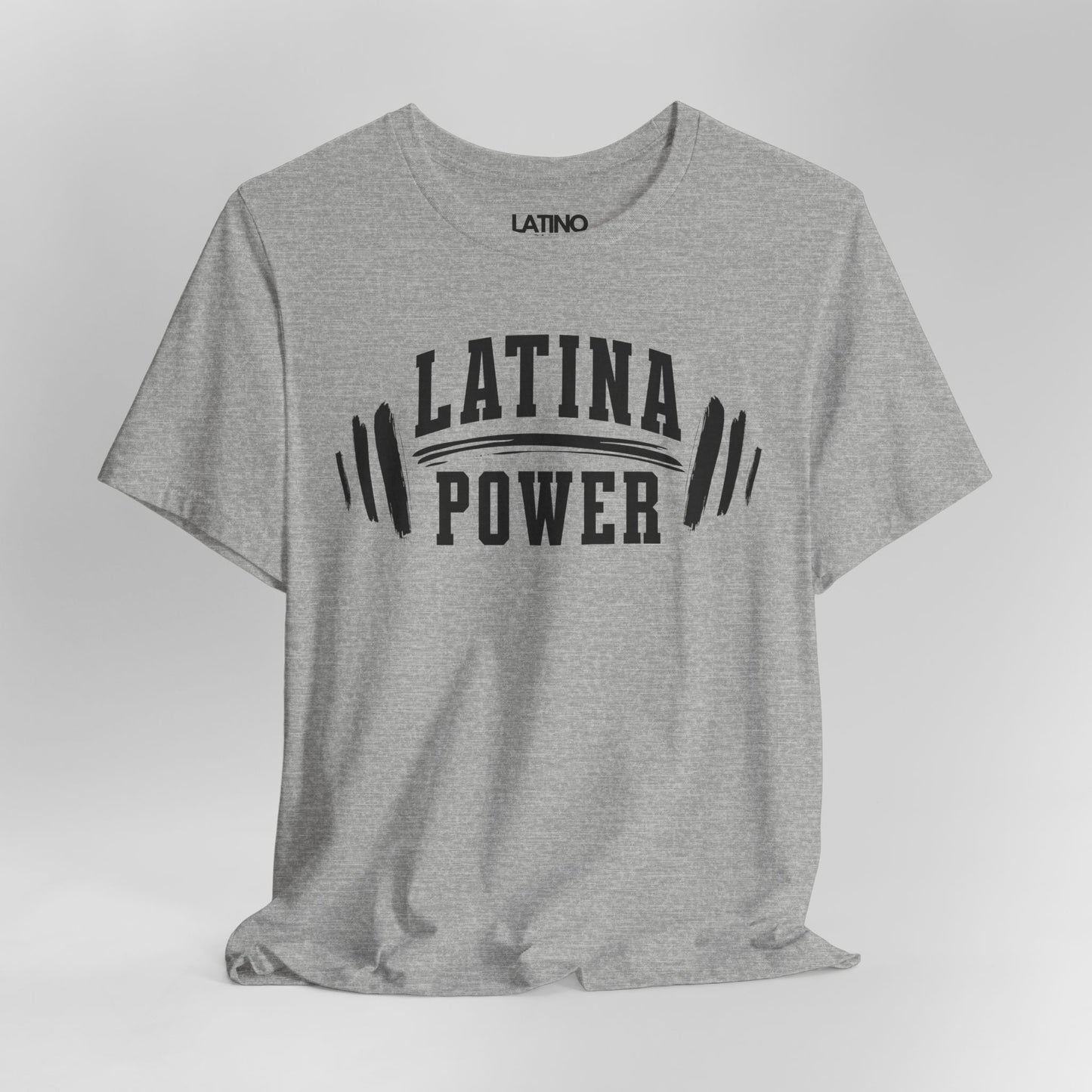 Close Up Grey Heather Tee with "Latina Power" barbell design. Latino In Da House
