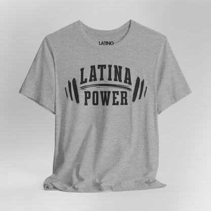 Close Up Grey Heather Tee with "Latina Power" barbell design. Latino In Da House