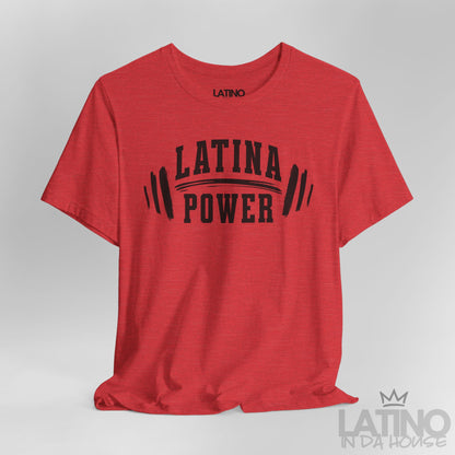 Close Up Red Heather Tee with “Latina Power” barbell design. Latino In Da House 