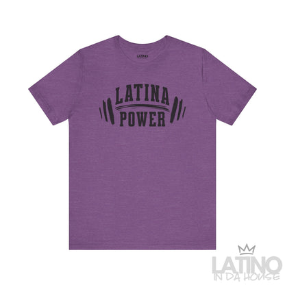 Purple Heather Tee with “Latina Power” barbell design. Latino In Da House 