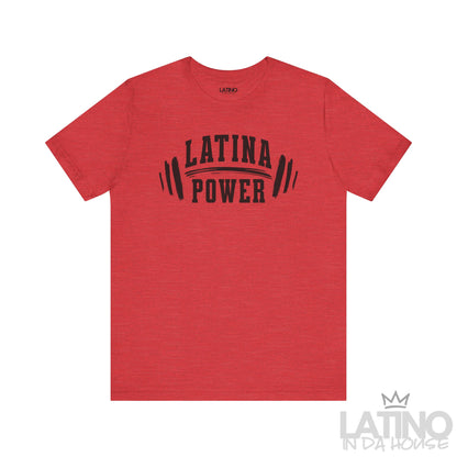 Red Heather Tee with “Latina Power” barbell design. Latino In Da House 