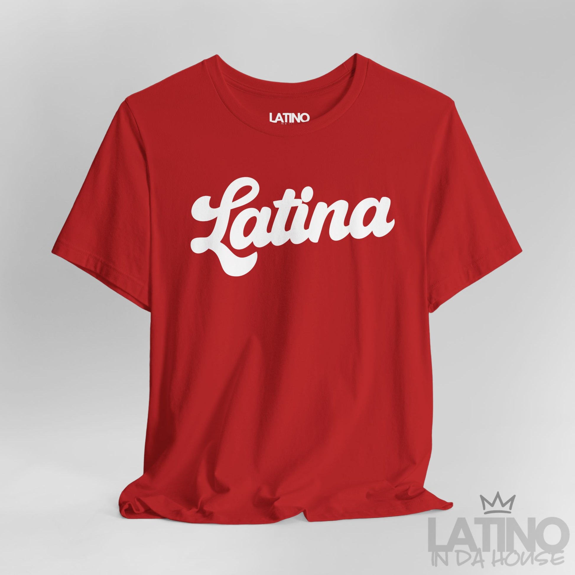 Close-up view of red Latina Script T-Shirt with bold white lettering – Latino In Da House