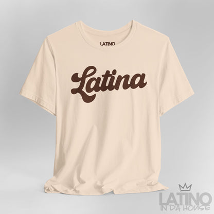 Close-up view of soft cream Latina Script T-Shirt with bold brown lettering – Latino In Da House
