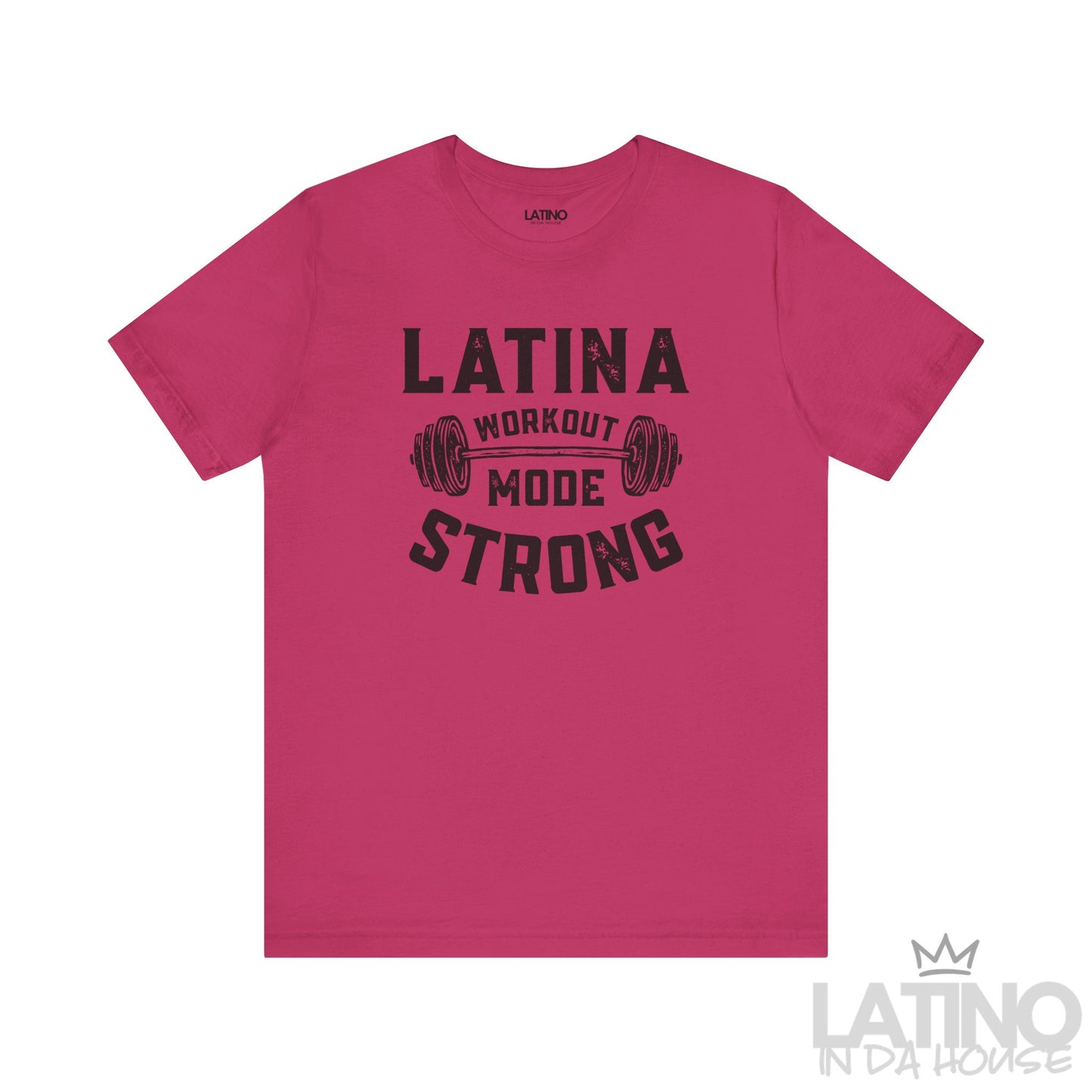 Latina Workout Mode Strong T-shirt in berry with bold dumbbell design. Latino In Da House 