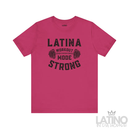 Latina Workout Mode Strong T-shirt in berry with bold dumbbell design. Latino In Da House 