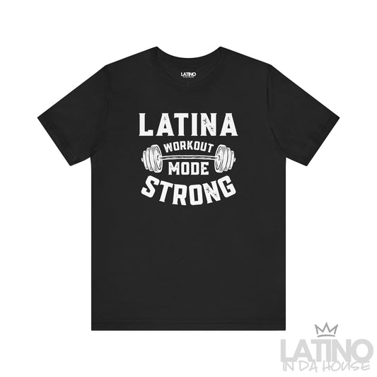 Latina Workout Mode Strong T-shirt in black with bold dumbbell design. Latino In Da House 