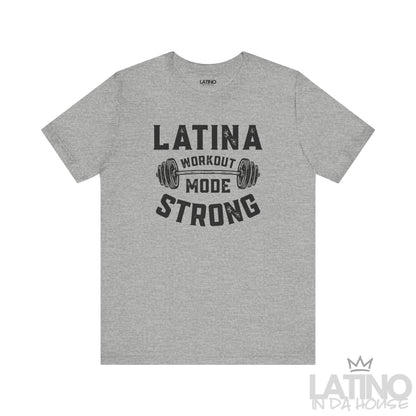 Latina Workout Mode Strong T-shirt in heather grey with bold dumbbell design. Latino In Da House 
