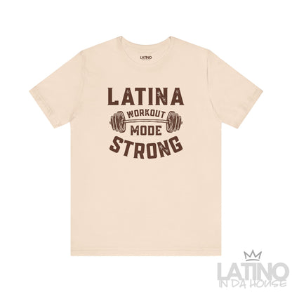 Latina Workout Mode Strong T-shirt in soft cream with bold dumbbell design. Latino In Da House 