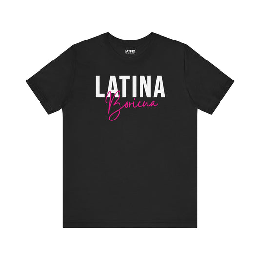 Latina Boricua black t-shirt combines bold block letters with a flirty script for the perfect mix of fuerza y feminidad. Latino In Da House