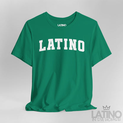 Close Up Kelly Green “LATINO” T-shirt in bold collegiate font – Latino In Da House