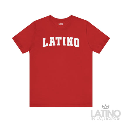 Red “LATINO” T-shirt in bold collegiate font – Latino In Da House