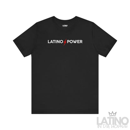 Latino Power T-Shirt in black with white text and red lightning bolt design – Latino In Da House