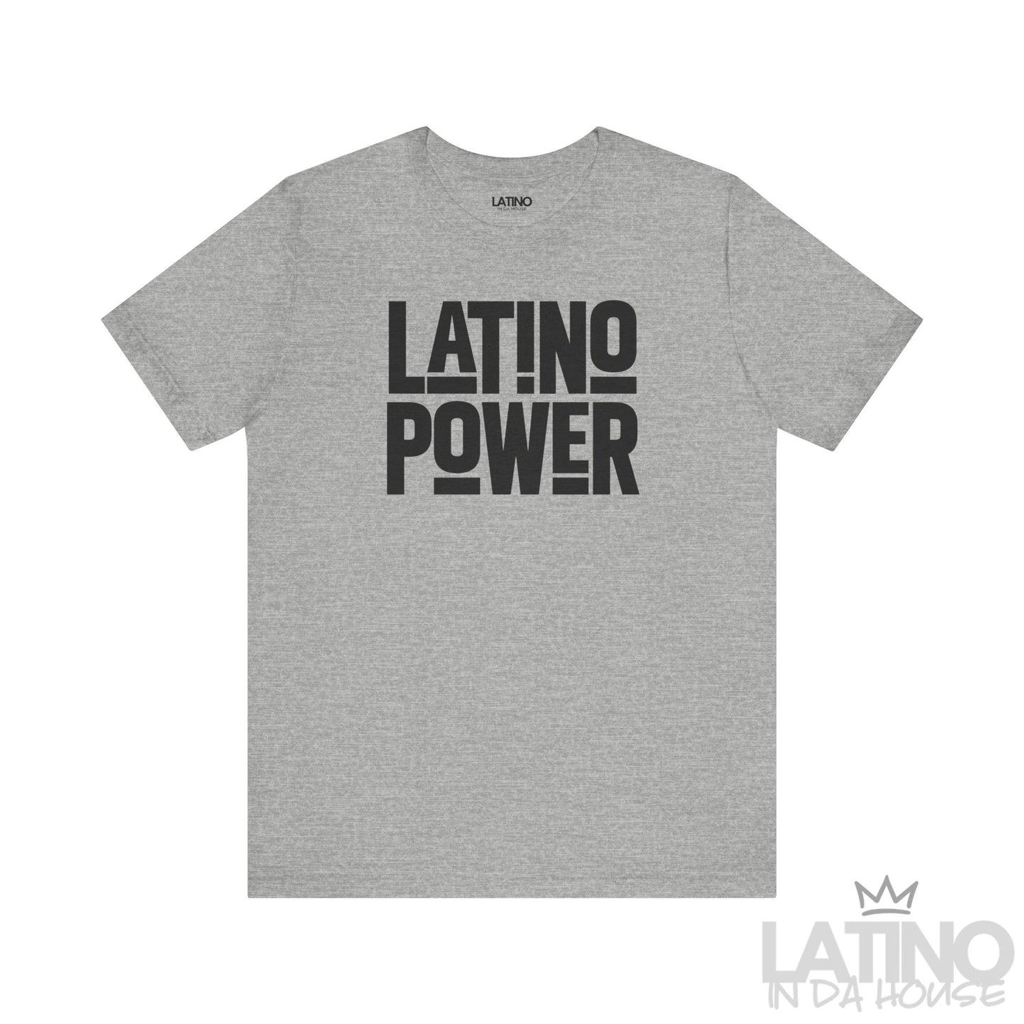 Latino Power T-Shirt in heather grey featuring bold black typography – Latino In Da House