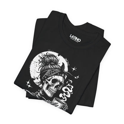 Folded black T-shirt with skeleton graphic holding coffee and text "Literally Cansada.
Latino In Da House
