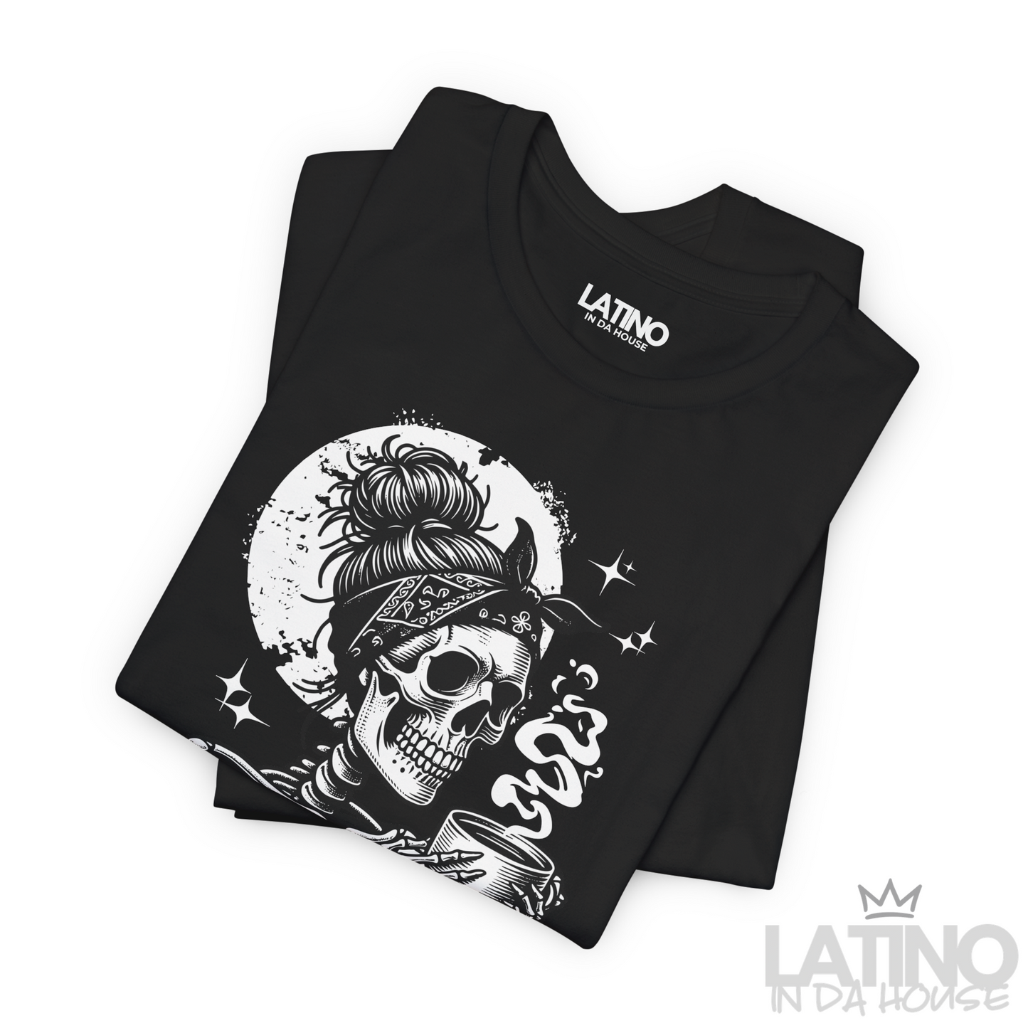 Folded black T-shirt with skeleton graphic holding coffee and text “Literally Cansada. Latino In Da House 